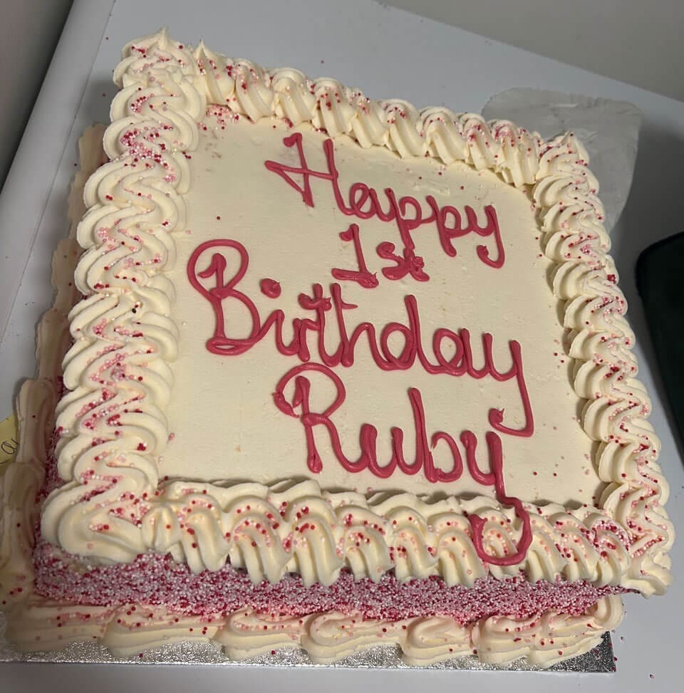 Happy Birthday cake fresh cream with pink sprinkles square sheet cake Doreens Bakery Athboy Meath