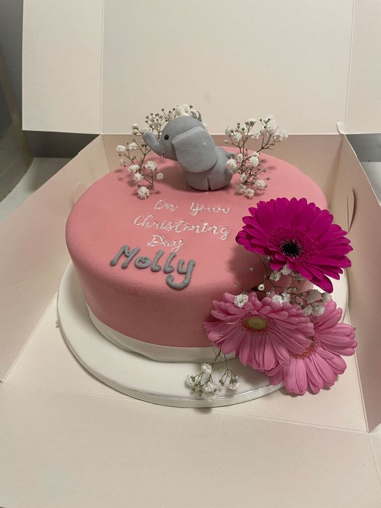 On your christening day novelty cake for girl pink with elephant and flowers Doreens Bakery Athboy Meath