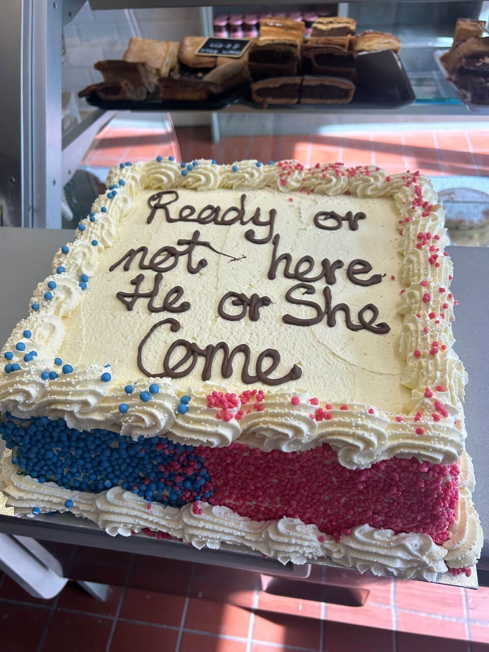 Ready or not here they come baby gender reveal cake Doreens Bakery Athboy Meath