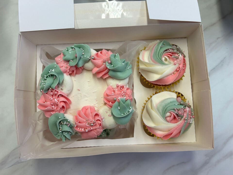 Birthday cake with matching muffins pink and teal buttercream icing with silver and pink sprinkles